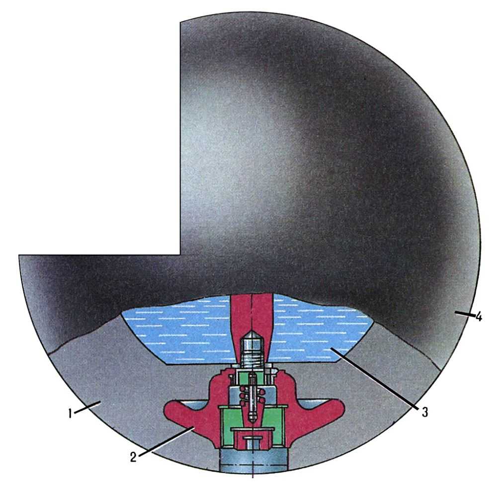  Рис. 1. Шаровой эластичный резиновый разделитель: 1 - оболочка шара; 2 - обратный клапан; 3 - <a href=