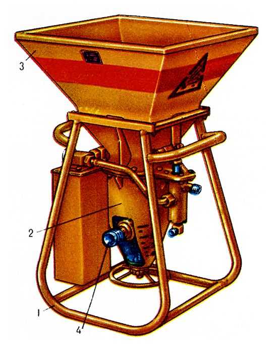  Pис. 2. Переносная зарядная машина для подземных работ: 1 - рама; 2 - дозирующее устройство; 3 - бункер; 4 - патрубок для зарядного шланга