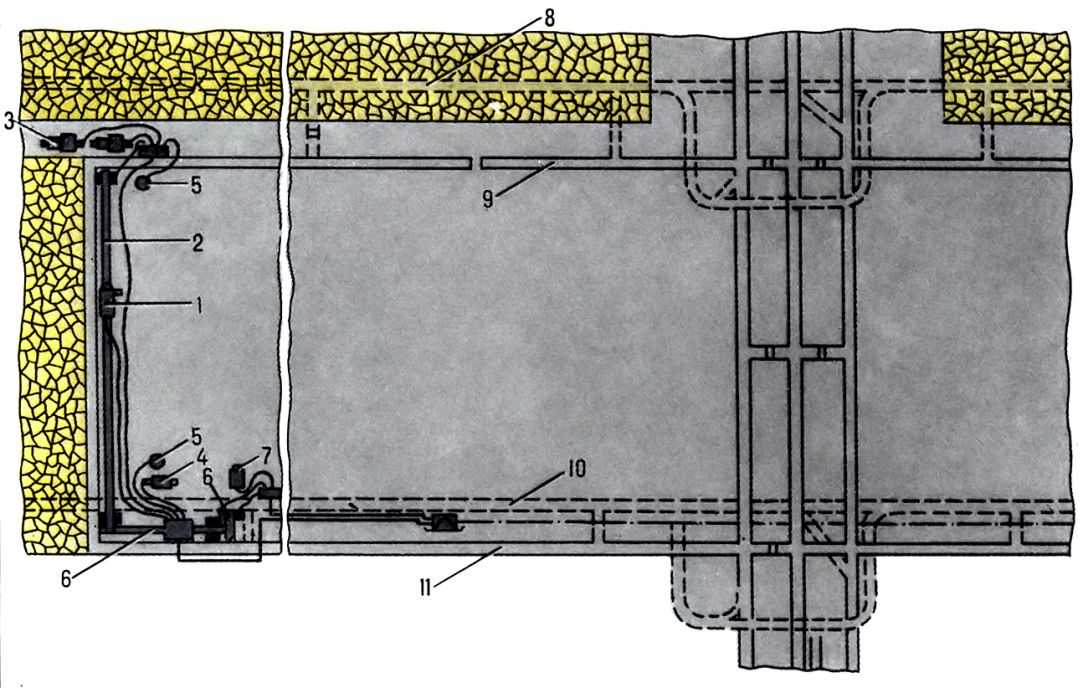  Pис. 2. Cхема электроснабжения лавы при разработке длинными столбами: 1 - комбайн; 2 - забойный <a href=