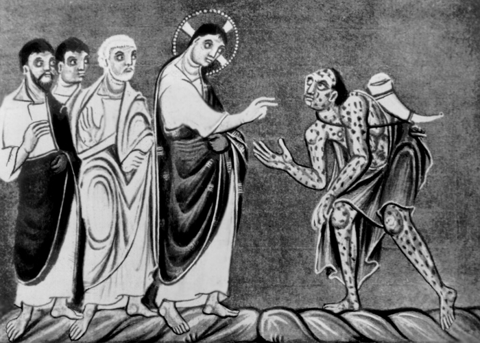 Иисус Христос с учениками и прокаженным; на спине прокаженного рожок, которым он предупреждает о своем появлении. Средневековая миниатюра
