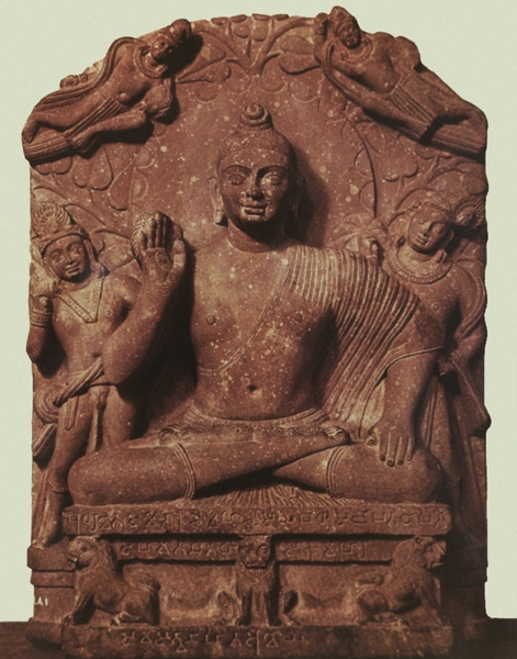 Будда на троне с предстоящими. Стелла из Катры. Уттар-Прадеш. Начало II в. н. э