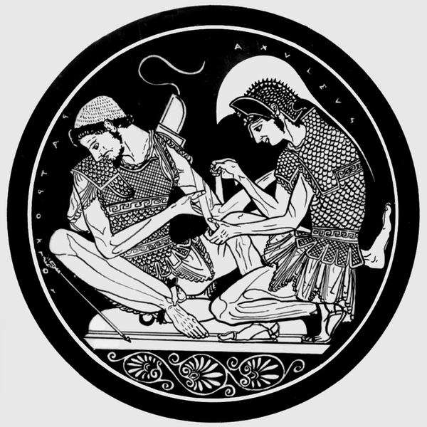 Рисунок с древнегреческой вазы, изображающий момент оказания медицинской помощи воину