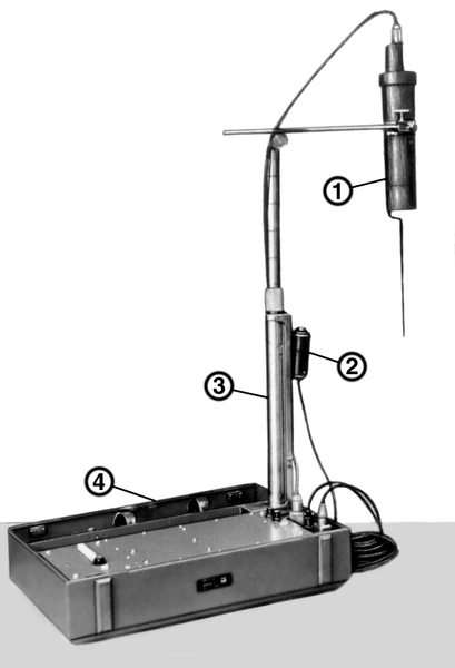 Рис. 6. Импульсный переносной рентгенодиагностический аппарат «Дина-2»: 1 — излучатель; 2 — пульт управления; 3 — штатив; 4 — укладочный ящик