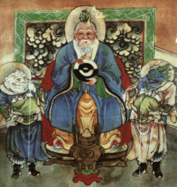 Лао-цзы — легендарный основатель даосизма в Китае — с символом тьмы и света (инь и ян) в руках. Китайская народная картина XIX в