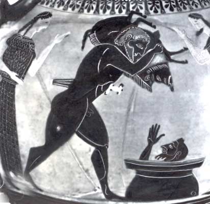 Эврисфей прячется в бронзовом пифосе при виде Геракла, принёсшего эриманфского вепря.
