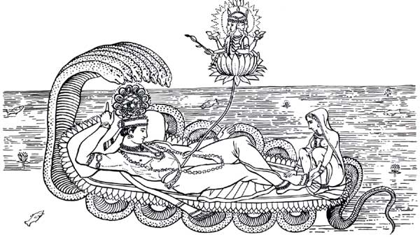 Вишну, Брахма, Лакшми на змее Шеша.