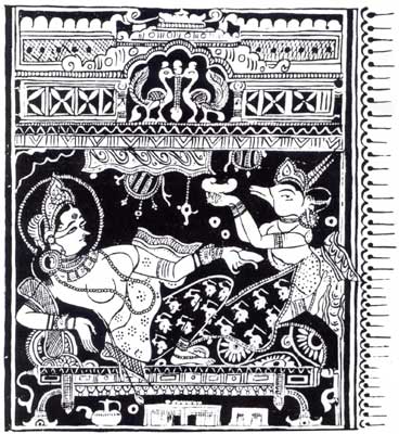 Харинайгамеши стоит у ложа Тришалы, держа в сложенных ладонях зародыш Махавиры.