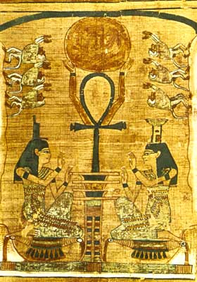 Исида и Нефтида перед символом Осириса столбом «джед».