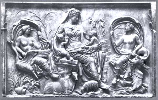 Богиня Теллус, рядом — символы воздуха и воды.