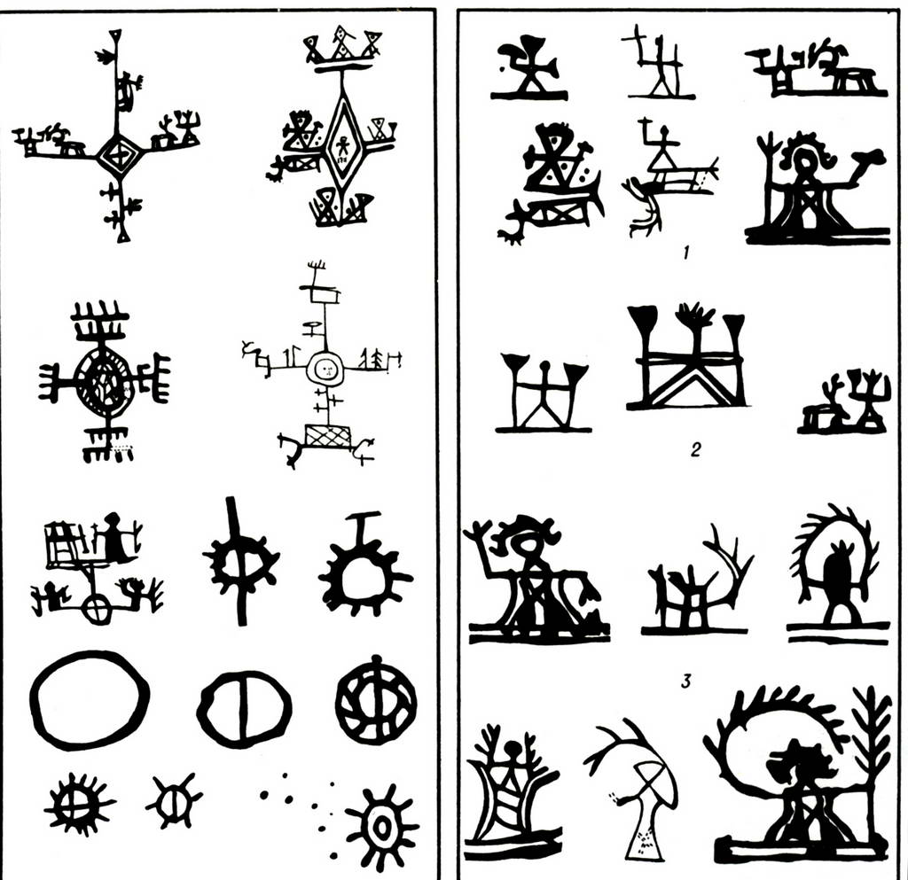 Слева Пейве. Солярные знаки на шаманских бубнах. Справа – Саамские божества. Изображения на бубнах: 1. Тиермес. 2. Пьеггольмай. 3. Веральденольмай.