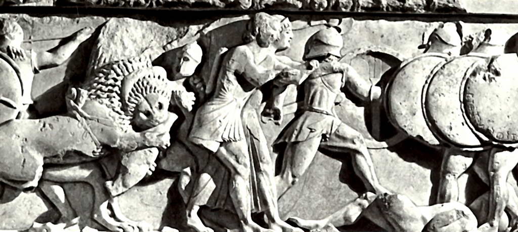 Гигантомахия. Деталь северного фриза сокровищницы сифнийцев.  Около 525 г. до н.э.
