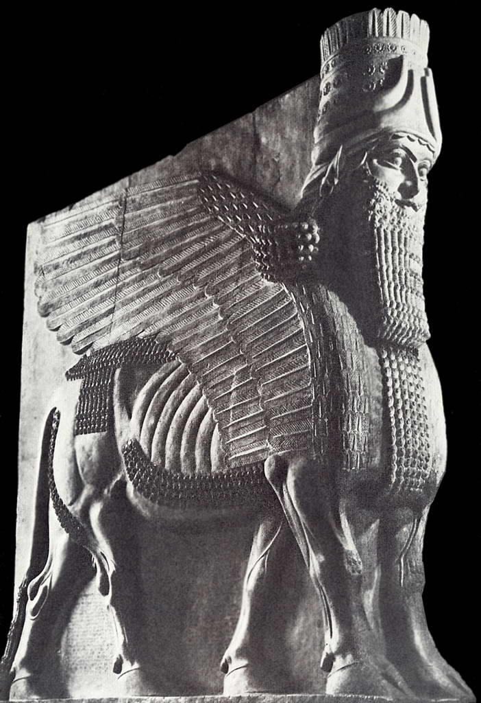 Крылатый бык из дворца Саргона II в Дур-Шаррукине.   Конец 8 в. до н.э.