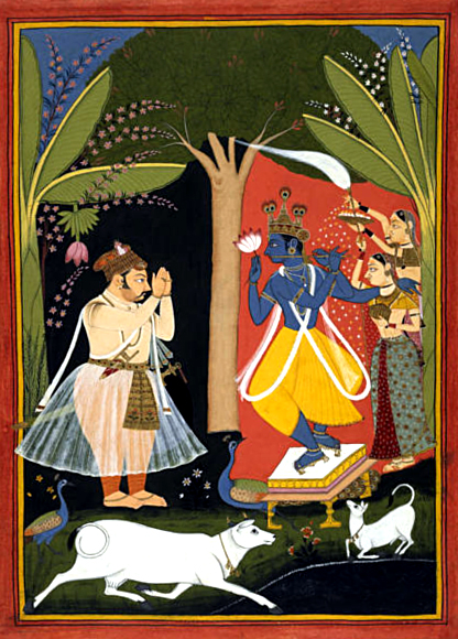 Правитель Раджпута поклоняется Кришне. Миниатюра. 1690-1700 гг.
