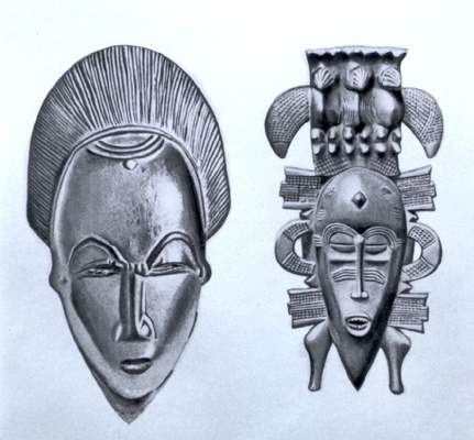 Маски (слева — народ бауле, справа — народ сенуфо).