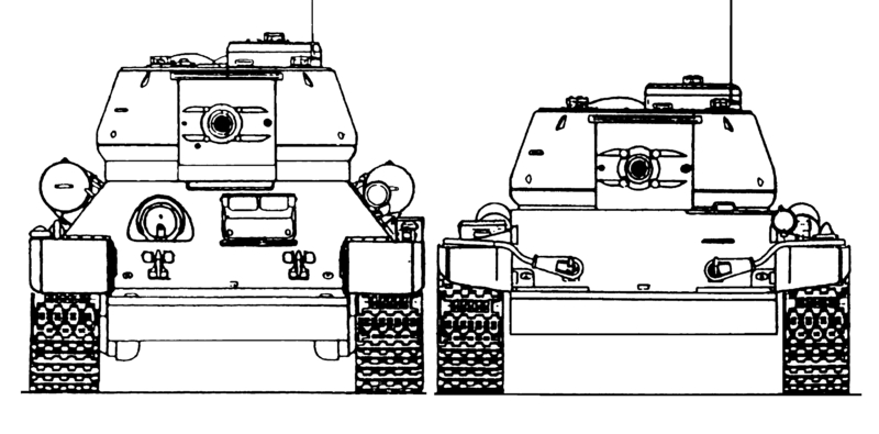         Танки Т-34-85 и Т-44. Хорошо заметно снижение силуэта Т-44 и значительное уменьшение габаритных размеров его корпуса
