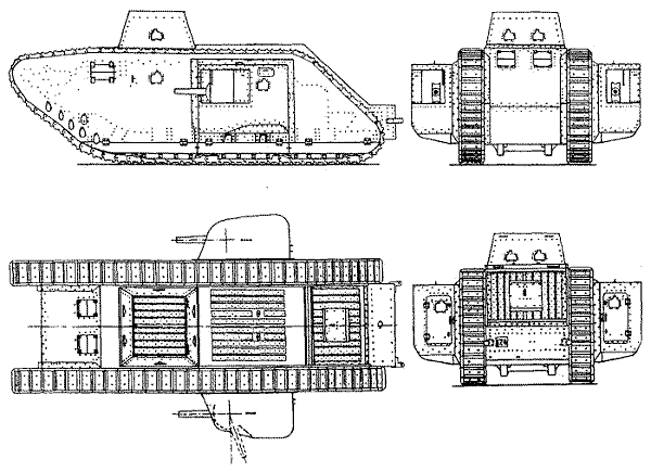 Английский тяжёлый танк Mk IV. Размещение вооружения в спонсонах не позволяет иметь большие секторы стрельбы, кроме того, значительно возрастает ширина танка
