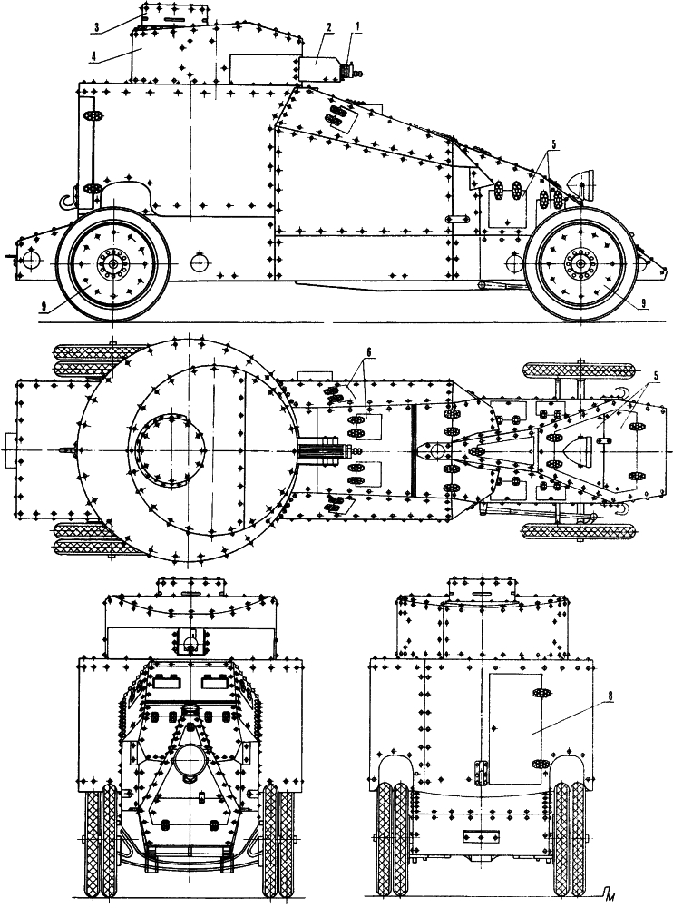 Бронеавтомобиль Мгеброва:  1 — пулемет системы Максим, 2 — бронировка пулемета, 3 — командирская башенка, 4 — <a href=