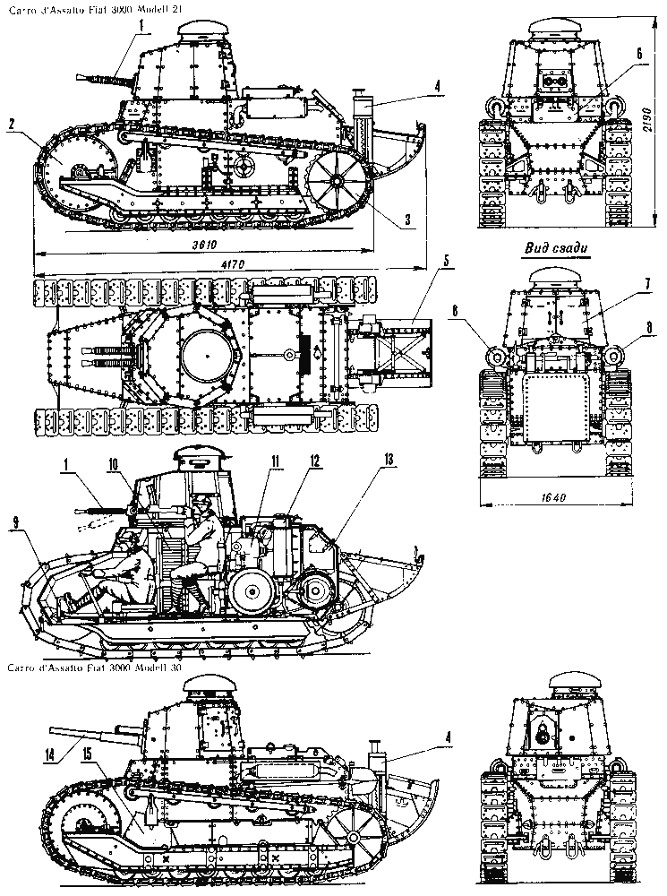Легкий танк «Фиат-3000»: 1 — 6,5-мм спаренный пулемет «Фиат» обр. 1929 года, 2 — направляющее колесо, 3 — ведущее колесо, 4 — <a href=