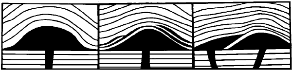 Схематические разрезы лакколитов.
