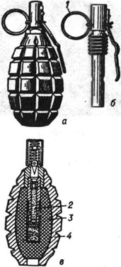 Ручная осколочная оборонительная граната: а - внешний вид; б - взрыватель; в - схематический разрез; 1 - кольцо; 2 - взрыватель; 3 - взрывчатое вещество; 4 - корпус