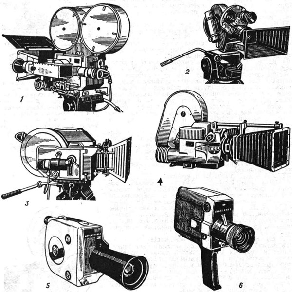 Некоторые киносъёмочные аппараты отечественного производства: 1 аппарат 70-КСК для комбинированной и ускоренной съёмки широкоформатных фильмов на 70-мм киноплёнку; 2 - аппарат 1-КСРШ Конвасавтомат для съёмки с рук обычных и широкоэкранных фильмов на 35-мм киноплёнку; 3 - аппарат 3-КСХМ Родина для несинхронной съёмки обычных и широкоэкранных фильмов на 35-мм киноплёнку; 4 - аппарат 16-СП для съёмки хроникально-документальных фильмов на 16-мм киноплёнку; 5 - аппарат Красногорск-3 для съёмки хроникальных и любительских фильмов на 16-мм киноплёнку; 6 - аппарат Кварц 1Х8С-2 для съёмки любительских фильмов на киноплёнку 1X8 мм тип 