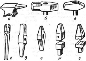 Кузнечный инструмент для ручной ковки: а - наковальня; б - кувалда; в - ручник; г - клещи; д - бородок; е - зубило; ж - подбойник; з - обжимка
