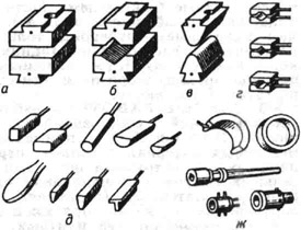 Кузнечный инструмент для машинной ковки: а - плоские бойки; б - вырезные бойки; в - закруглённые бойки; г - обжимки; д - раскатки; е - пережимки; ж - патроны