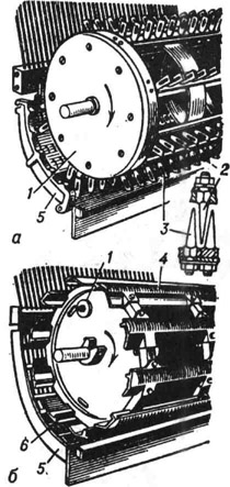К ст. Молотилка. Молотильный аппарат: а - штифтовой, б - бильный; 1 - барабан; 2 и 3 - штифты; 4 - бичи; 5 - подбарабанье с планками 6