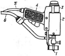 Сварочный пистолет для дуговой приварки шпилек: 1 - привариваемая шпилька (является одним из электродов); 2 - держатель; 3 - электромагнитное устройство (для зажигания дуги, отдёргивания шпильки от изделия); 4 - устройство для вдавливания шпильки в изделие; 5 - провод цепи управления пистолетом; 6 - провод от трансформатора