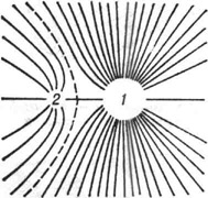 Силовые линии электростатического поля двух одноимённо заряженных проводящих шаров (заряд 1 больше заряда 2)
