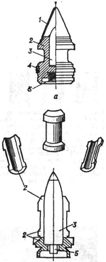 К ст. Снаряд артиллерийский. Подкалиберные снаряды катушечной формы (а) и с отделяющимся поддоном (б): 1 - баллистический наконечник; 2 - поддон; 3 - бронебойный сердечник; 4 - ведущий поясок; 5 - трассер