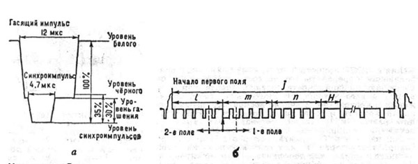 Стандартный телевизионный сигнал, принятый в СССР: а - строчные импульсы; б - гасящие, синхронизирующие и уравнивающие импульсы полей; l - длительность первой последовательности уравнивающих импульсов; т - длительность последовательности синхроимпульсов полей; п - длительность второй последовательности уравнивающих импульсов; Н - длительность строки; j - длительность гасящего импульса полей; Н = 64 мкс; l = 2.5 Н; п = 2.5 Н; m=2,5H; j = 25 Н