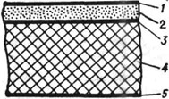 К ст. Фотоматериалы. Поперечный разрез чёрно-белой фотоплёнки: 1 - защитный слой; 2 - светочувствительный слой; 3 - соединительный слой; 4 - основа (подложка); 5 - противоореольный слой