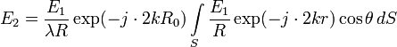 E_2 = \frac{E_1}{\lambda R}\exp(-j\cdot 2kR_0)\int\limits_S \frac{E_1}{R}\exp(-j\cdot 2kr)\cos\theta\,dS