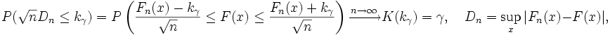P(\sqrt{n}D_n\leq k_\gamma)=P \left( \frac{F_n(x)-k_\gamma}{\sqrt{n}}\leq F(x) \leq \frac{F_n(x) + k_\gamma}{\sqrt{n}} \right) \xrightarrow{n \to \infty} K(k_\gamma) = \gamma, \quad D_n=\sup_x |F_n(x) - F(x)|,