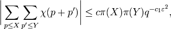 
\biggl|\sum\limits_{p\le X}\sum\limits_{p'\le
Y}\chi(p+p')\biggr|\le c\pi(X)\pi(Y)q^{-c_{1}\varepsilon^{2}},
