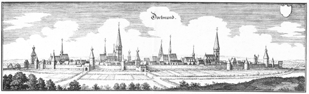 Городские стены Дортмунда в 1647 году (Орлиная башня – 4-я справа на переднем плане)