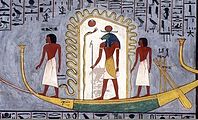 Барка бога Ра (в центре) проходит по подземному миру (Дуат). Гробница Рамсеса I. XIII в. до н. э.