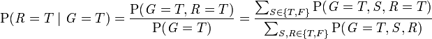
\mathrm P(\mathit{R}=T \mid \mathit{G}=T) 
=\frac{\mathrm P(\mathit{G}=T,\mathit{R}=T)}{\mathrm P(\mathit{G}=T)} 
=\frac{\sum_{\mathit{S} \in \{T, F\}}\mathrm P(\mathit{G}=T,\mathit{S},\mathit{R}=T)}{\sum_{\mathit{S}, \mathit{R} \in \{T, F\}} \mathrm P(\mathit{G}=T,\mathit{S},\mathit{R})}
