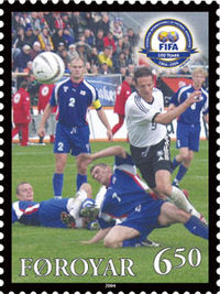Faroe stamp 492 FIFA 100 years - national footballteam.jpg