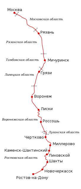 Схема маршрута поезда «Тихий Дон»