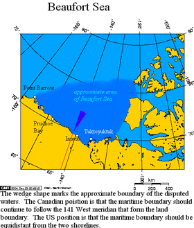 Приблизительные границы моря Бофорта. Тёмный сектор — спорная акватория между Канадой и США.