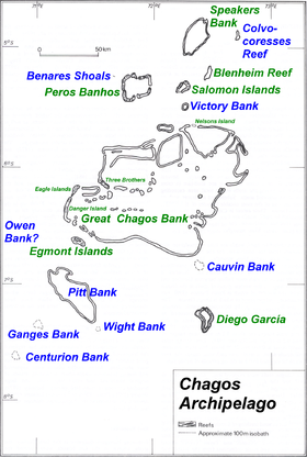 Карта архипелага Чагос. Атоллы с надводной частью выделены зелёным