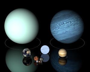 Объекты размером с планету и их сравнение: Верхний ряд: Уран и Нептун; нижний ряд: Земля, белый карлик Сириус B, Венера.