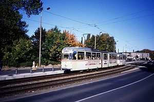 Gotha articulated tram no 704 on route 12 Rostock October 1994.jpg