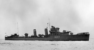 HMS Electra перед войной с белой одиночной полосой 5-й флотилии эсминцев