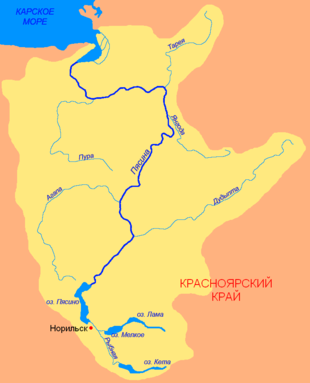 Бассейн реки Пясина. Река Норильская изображена без названия в виде протоки между озерами около Норильска.