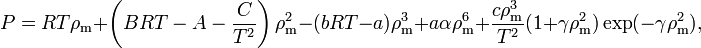 P=RT\rho_\mathrm{m}+\left(BRT-A-\frac{C}{T^2}\right)\rho^2_\mathrm{m}-(bRT-a)\rho^3_\mathrm{m}+a\alpha\rho^6_\mathrm{m}+\frac{c\rho^3_\mathrm{m}}{T^2}(1+\gamma\rho^2_\mathrm{m})\exp(-\gamma\rho^2_\mathrm{m}),