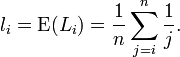 l_i=\operatorname{E}(L_i)=\frac{1}{n}\sum_{j=i}^{n} \frac{1}{j}.