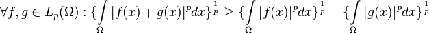 \forall f,g\in L_p(\Omega):\{\int\limits_\Omega|f(x)+g(x)|^p dx\}^\frac{1}{p}\geq \{\int\limits_\Omega |f(x)|^p dx\}^\frac{1}{p}+\{\int\limits_\Omega |g(x)|^p dx\}^\frac{1}{p}